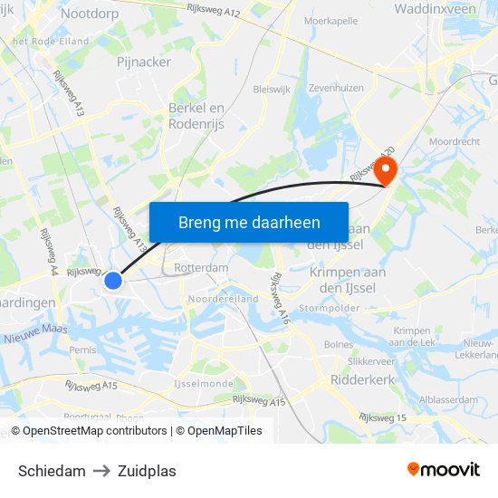 Schiedam to Zuidplas map