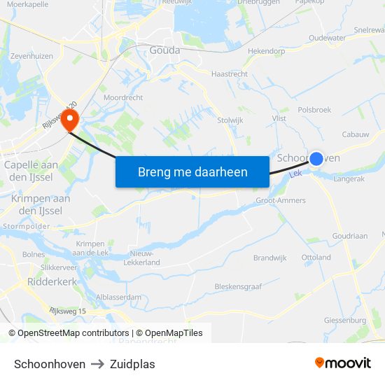 Schoonhoven to Zuidplas map