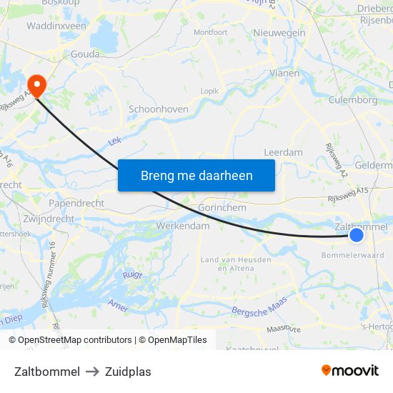 Zaltbommel to Zuidplas map