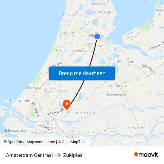 Amsterdam Centraal to Zuidplas map
