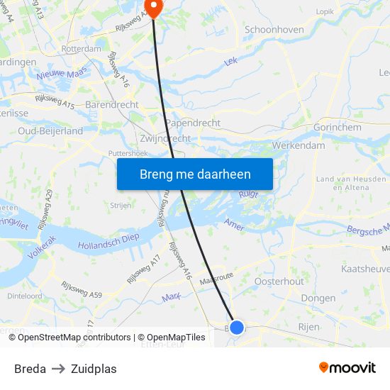 Breda to Zuidplas map