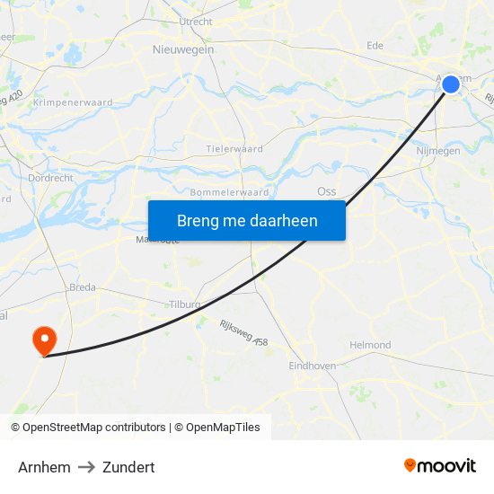 Arnhem to Zundert map