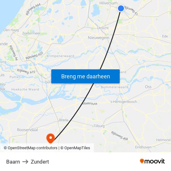 Baarn to Zundert map