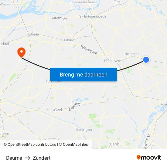 Deurne to Zundert map