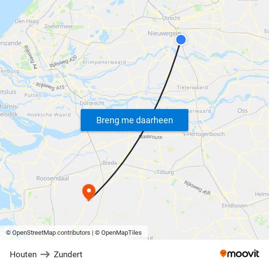 Houten to Zundert map