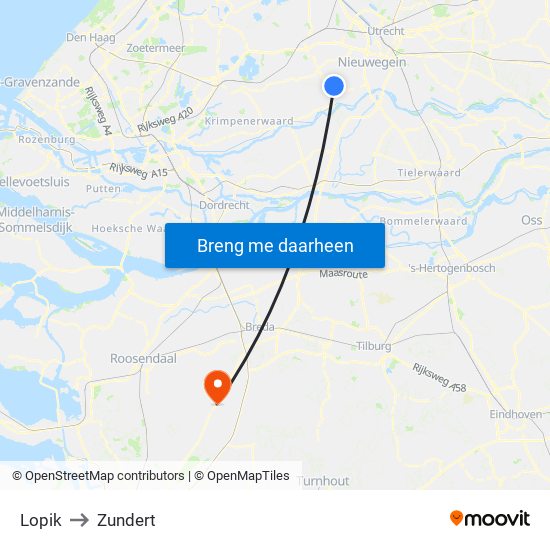 Lopik to Zundert map