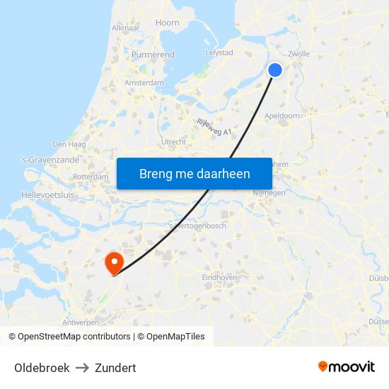 Oldebroek to Zundert map