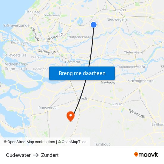 Oudewater to Zundert map