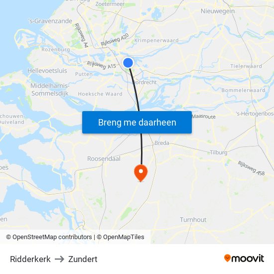 Ridderkerk to Zundert map
