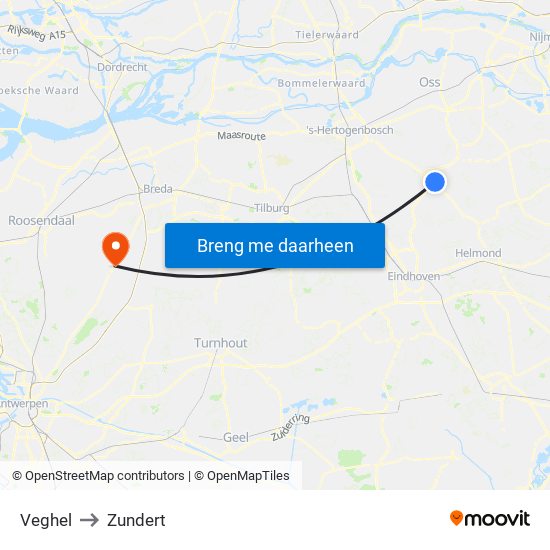 Veghel to Zundert map