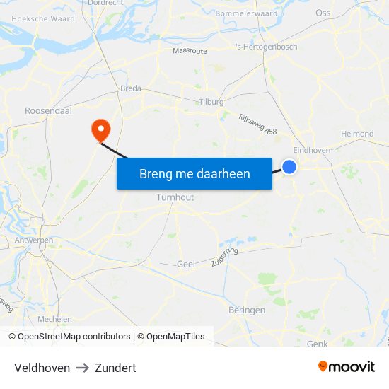 Veldhoven to Zundert map