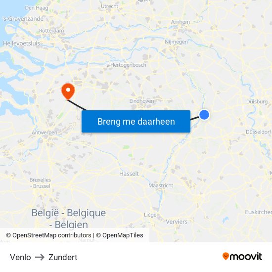 Venlo to Zundert map