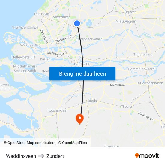 Waddinxveen to Zundert map