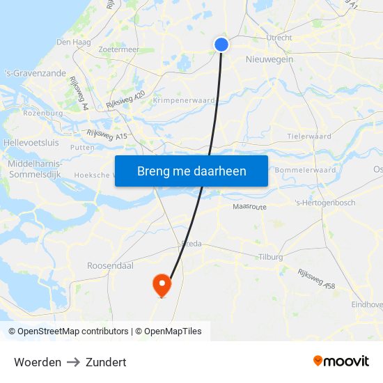 Woerden to Zundert map