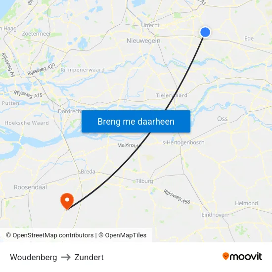 Woudenberg to Zundert map