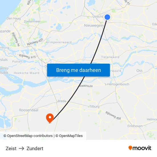 Zeist to Zundert map