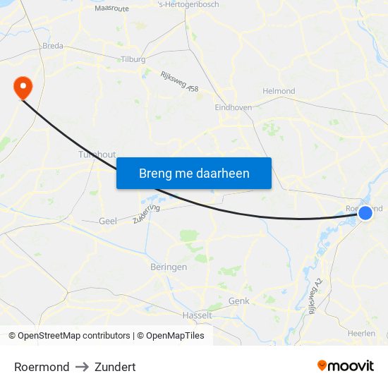 Roermond to Zundert map
