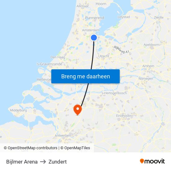 Bijlmer Arena to Zundert map