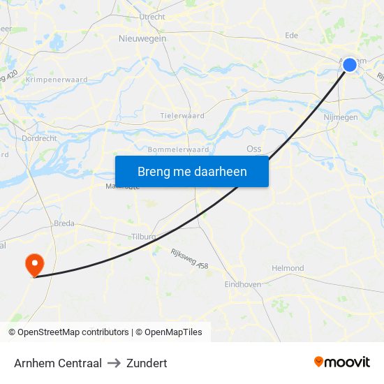 Arnhem Centraal to Zundert map