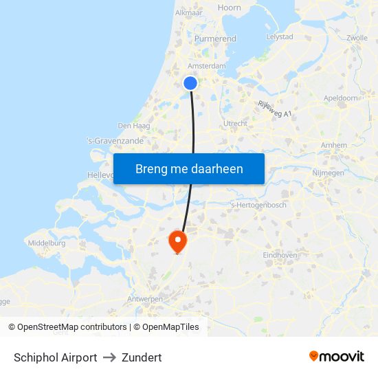 Schiphol Airport to Zundert map