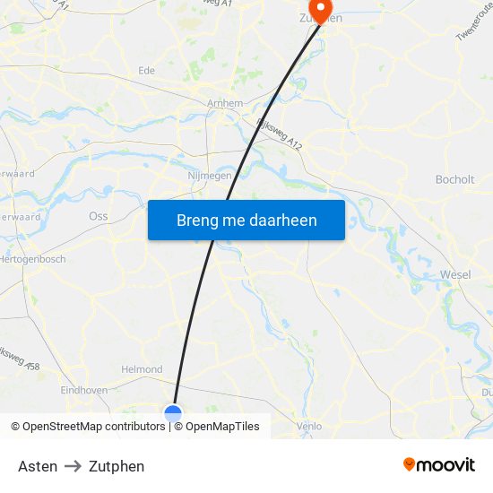 Asten to Zutphen map