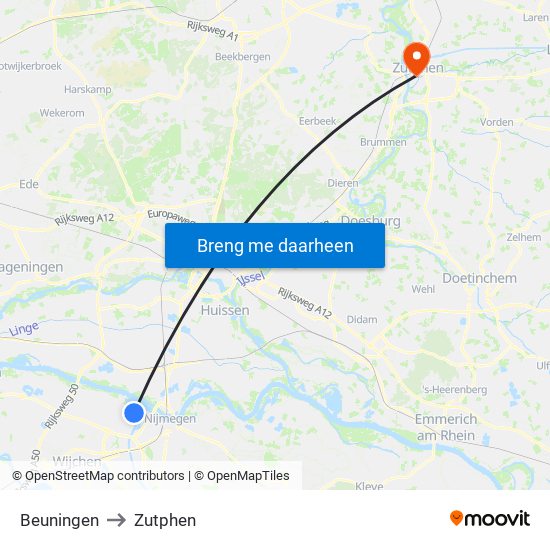 Beuningen to Zutphen map