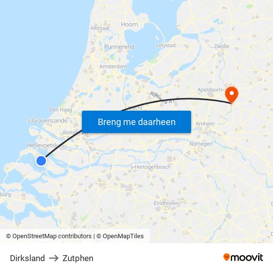 Dirksland to Zutphen map