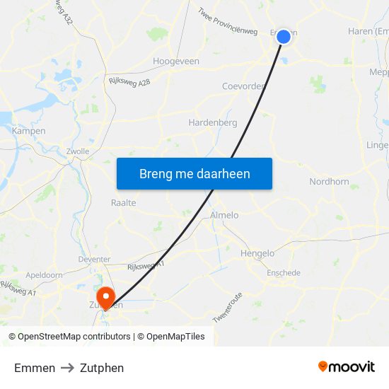 Emmen to Zutphen map