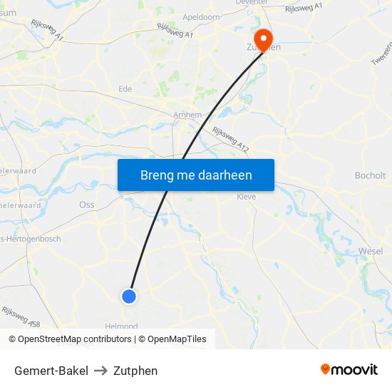 Gemert-Bakel to Zutphen map