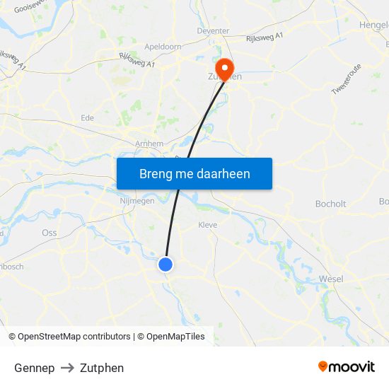 Gennep to Zutphen map