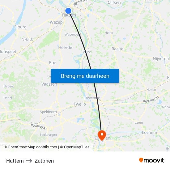 Hattem to Zutphen map