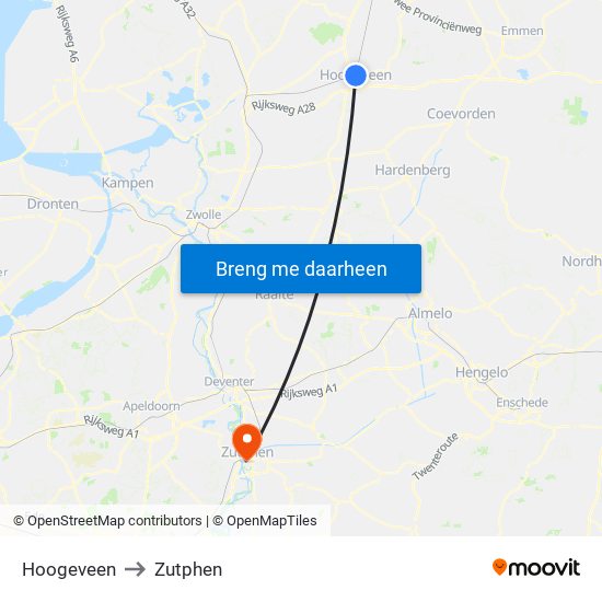 Hoogeveen to Zutphen map