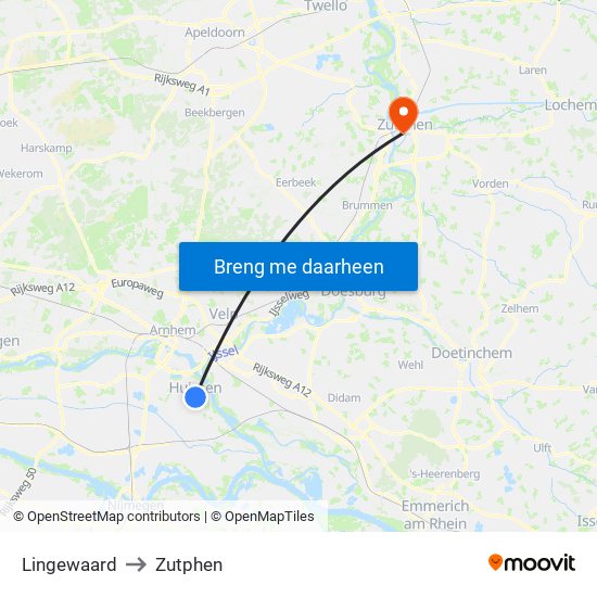 Lingewaard to Zutphen map
