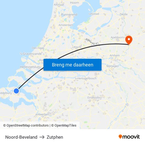 Noord-Beveland to Zutphen map