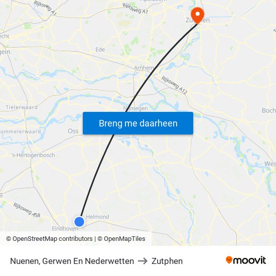 Nuenen, Gerwen En Nederwetten to Zutphen map