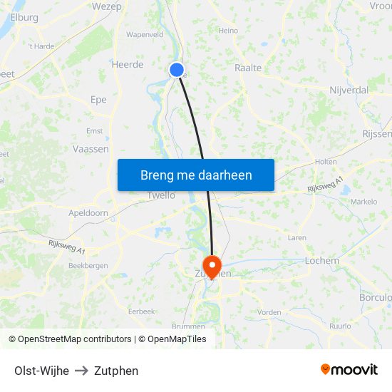 Olst-Wijhe to Zutphen map