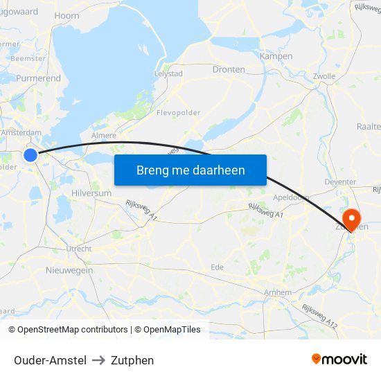 Ouder-Amstel to Zutphen map