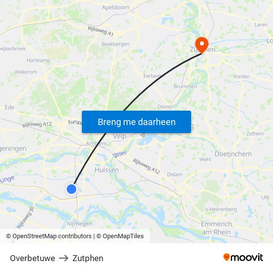 Overbetuwe to Zutphen map
