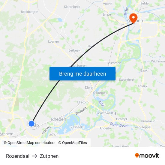 Rozendaal to Zutphen map