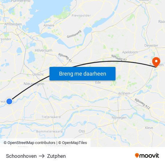 Schoonhoven to Zutphen map