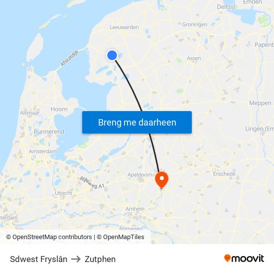 Sdwest Fryslân to Zutphen map