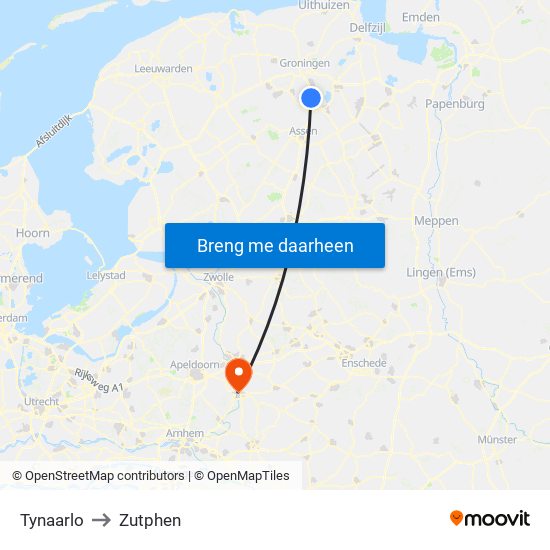 Tynaarlo to Zutphen map