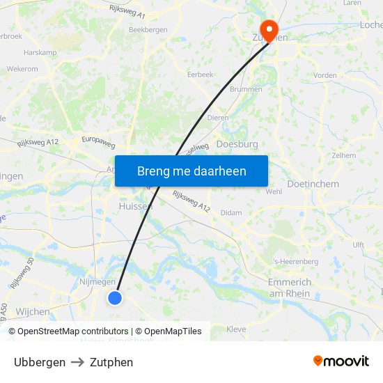Ubbergen to Zutphen map