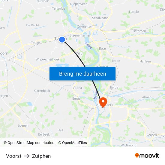 Voorst to Zutphen map