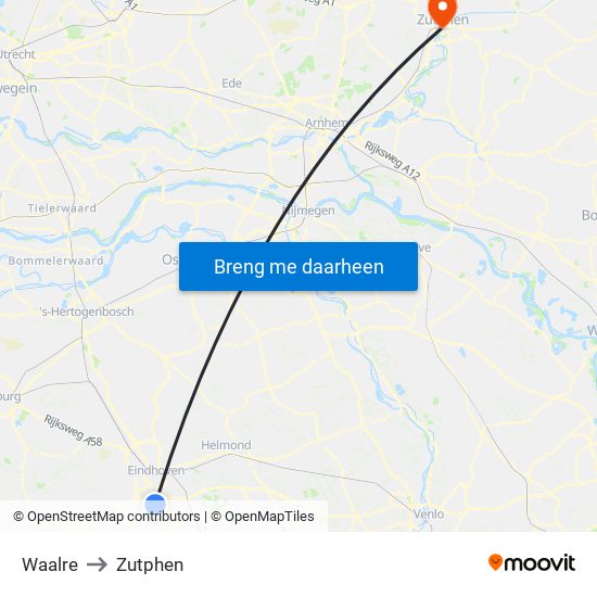 Waalre to Zutphen map