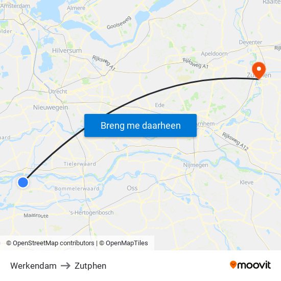 Werkendam to Zutphen map