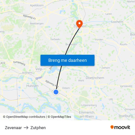 Zevenaar to Zutphen map