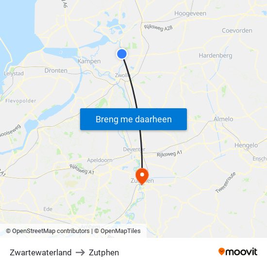 Zwartewaterland to Zutphen map