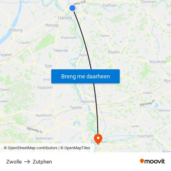 Zwolle to Zutphen map