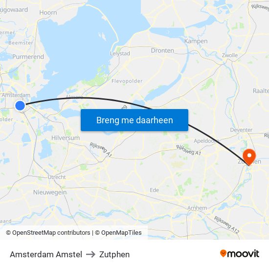 Amsterdam Amstel to Zutphen map